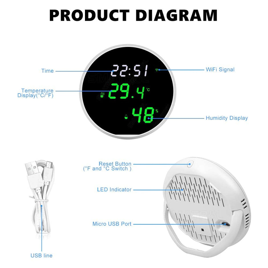 amiciSmart WiFi Temperature Humidity Sensor, Compatible with SmartLife App and USB Powered Thermometer Hygrometer with Data Export Feature