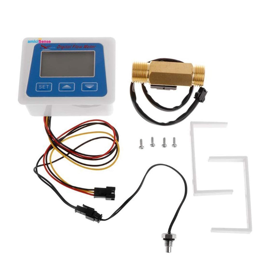 amiciSense Flow Meter, Digital Display Quantitative Controller with G1/2 Sensor, Stop Valve, Power Adapter for Water, Oil, etc. (For All Liquids)