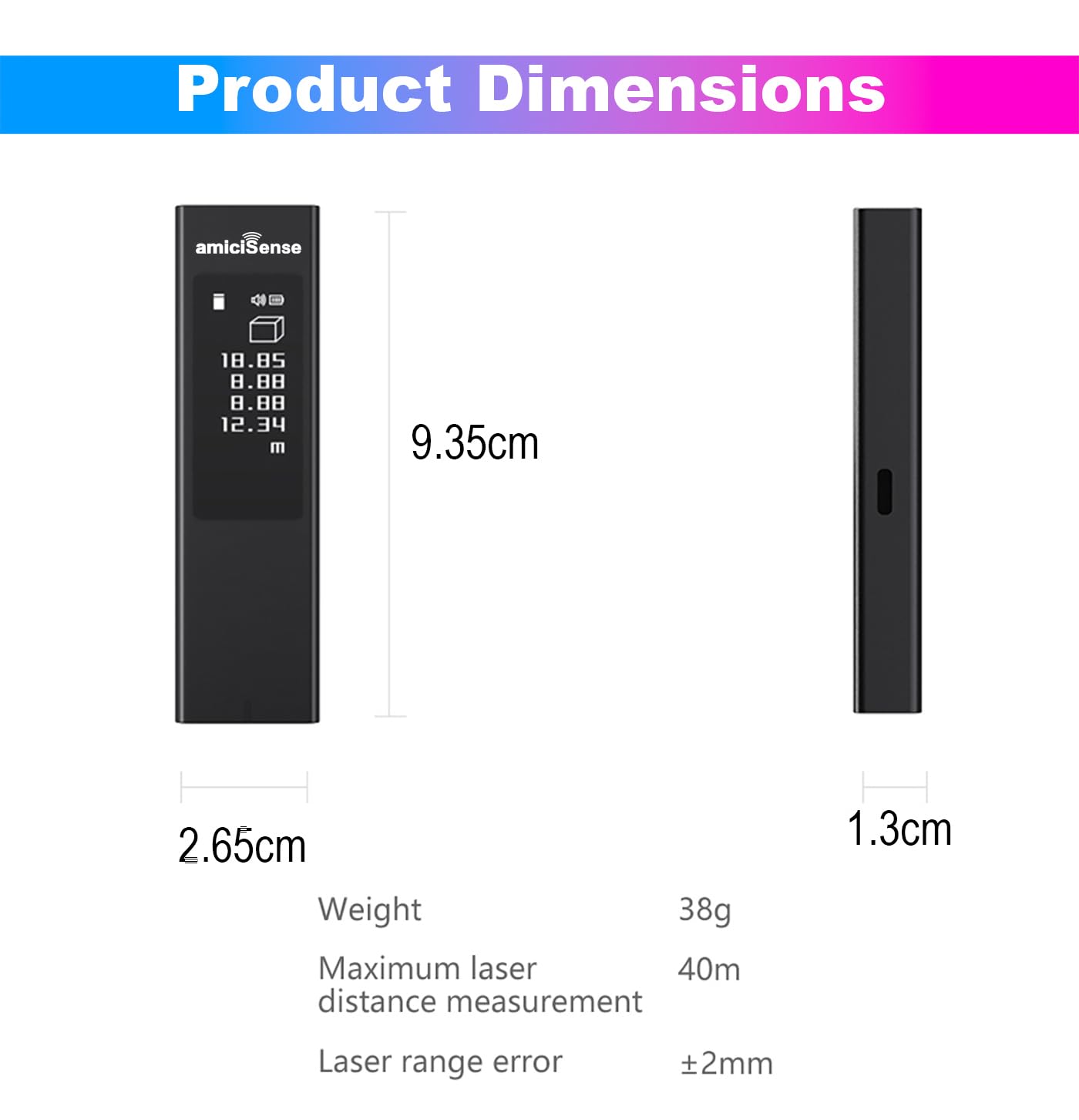 amiciSense Laser Distance Meter with Touch Display - 40m Digital Ruler with Type-C Charging, Multi-Measurement Modes (Area,Length,Volume,Angle,etc.)