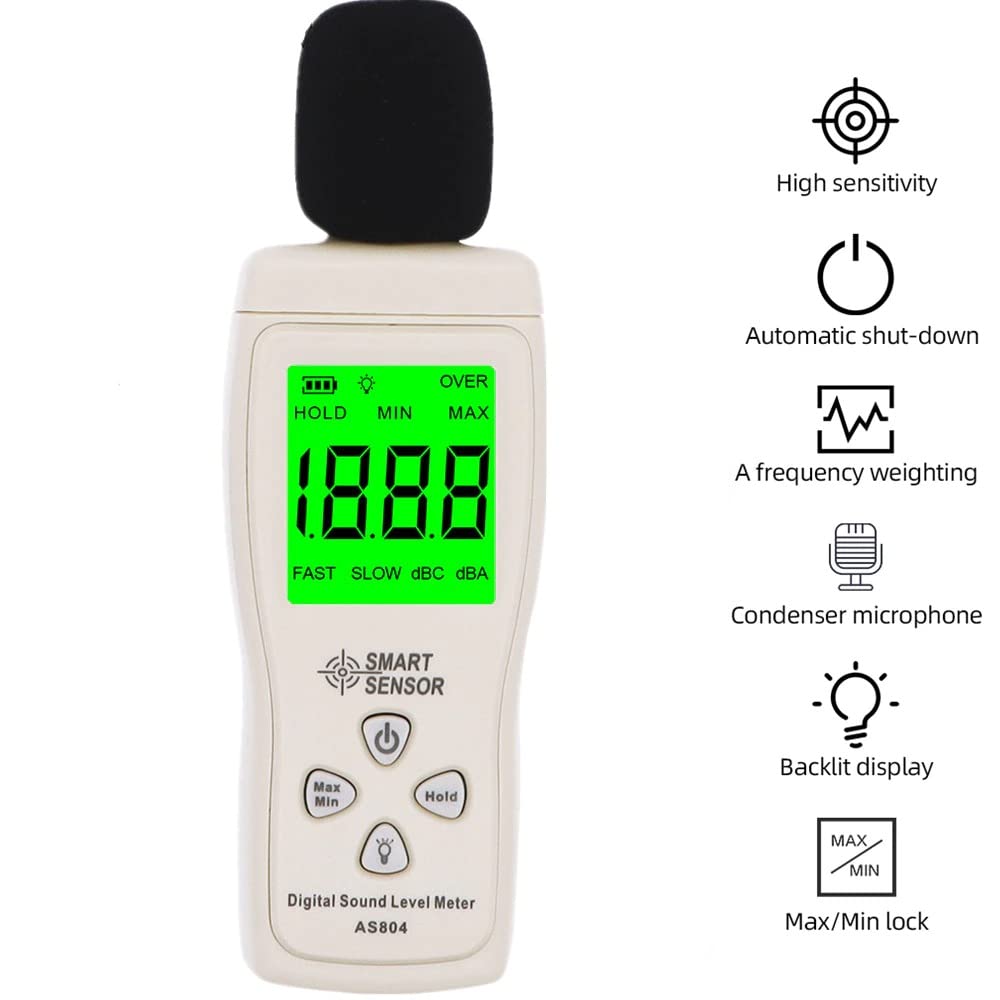 Digital Sound Level Meter, 30–130dB Decibel Reader with Backlight, Max/Min, Auto-Off, 3×AAA Batteries Included