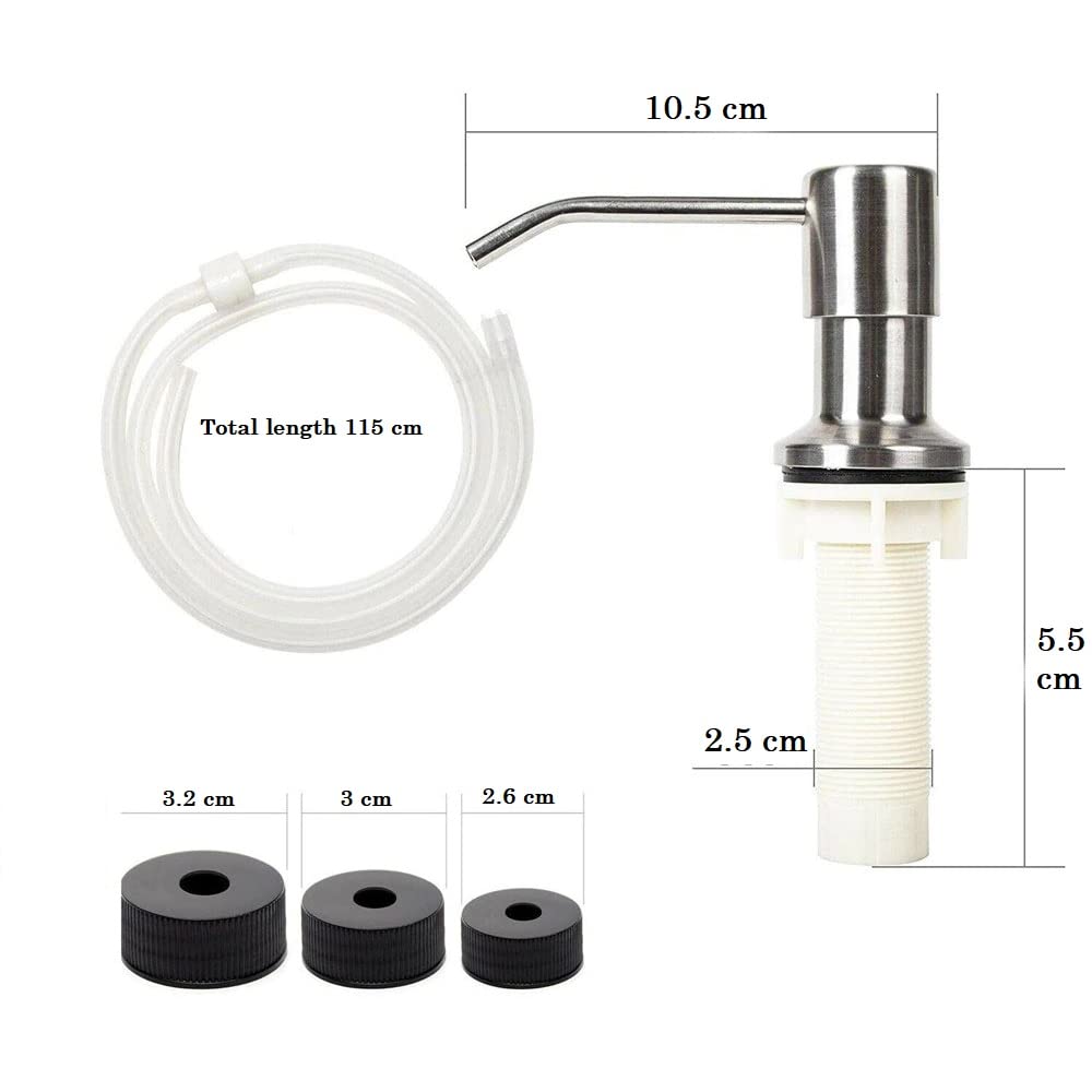 Kitchen Sink Soap Dispenser – Built-in Countertop Stainless Steel Pump with 360° Rotating Head & 1.15m Extension Tube