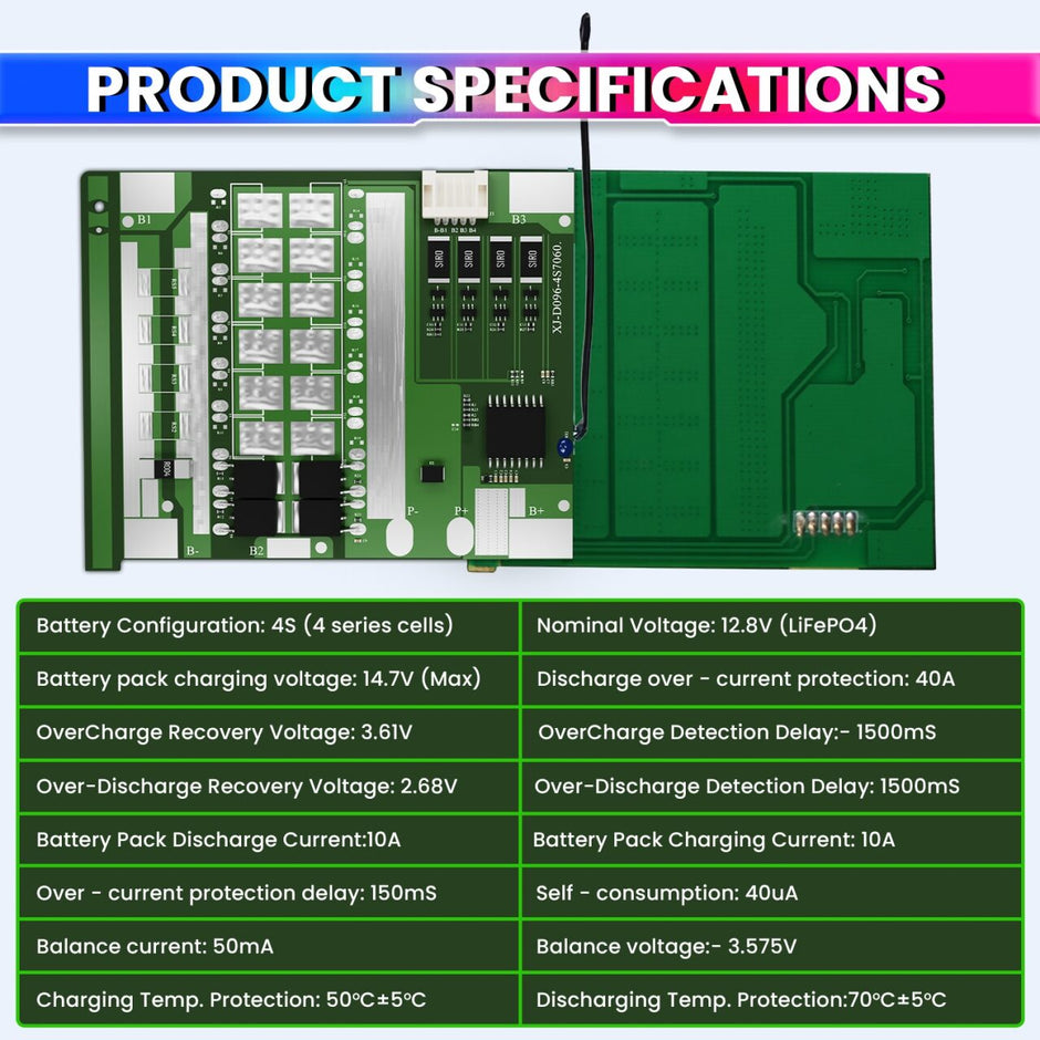 4S 12V 10A LiFePO4 BMS with NTC Sensors – Smart Battery Management System with 120A Protection & Balancing