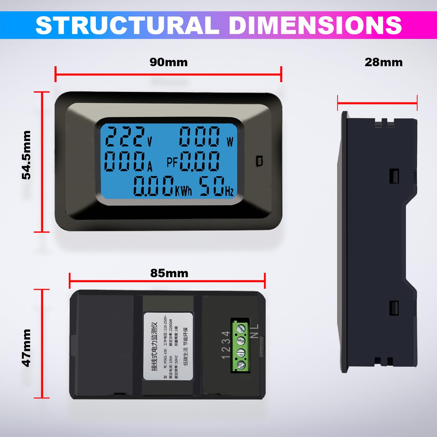 AC 20KW 100A 6-in-1 Digital Energy Power Meter with Blue Backlight LCD & Data Memory Function amiciKart
