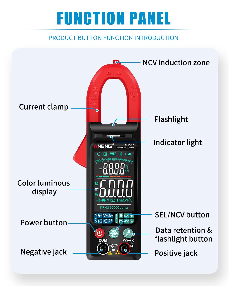ST211 TRMS Clamp Meter 400A, 600V AC/DC, 6000 Counts, NCV, Resistance & Frequency amiciKart