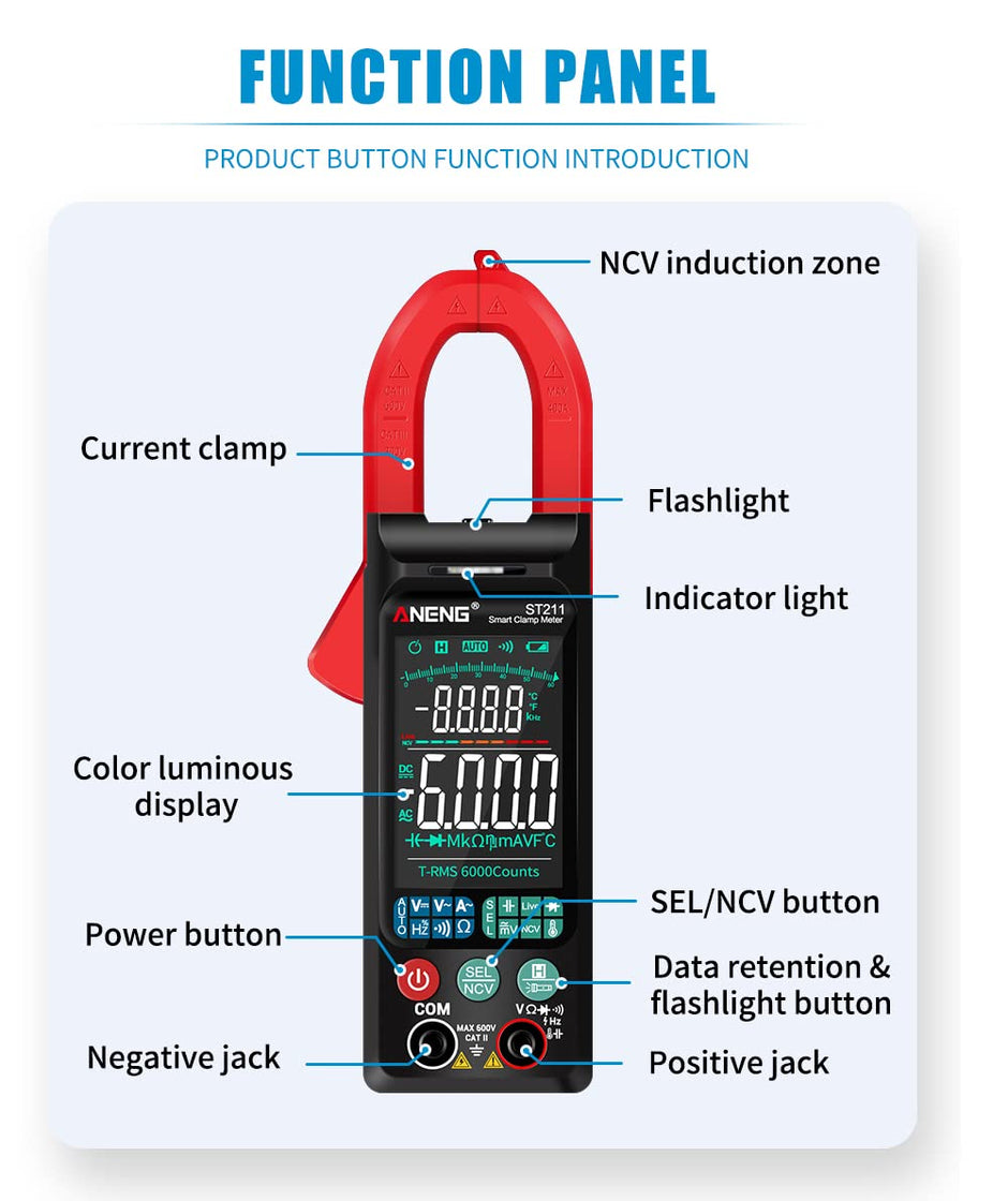 ST211 TRMS Clamp Meter 400A, 600V AC/DC, 6000 Counts, NCV, Resistance & Frequency amiciKart