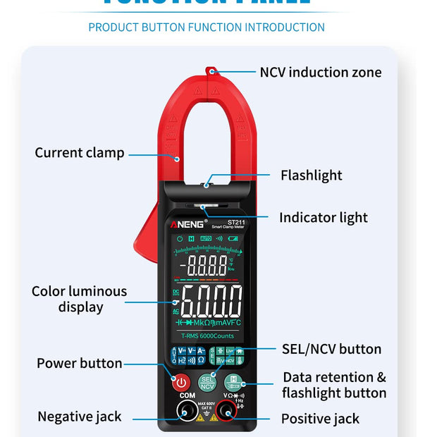 ST211 TRMS Clamp Meter 400A, 600V AC/DC, 6000 Counts, NCV, Resistance & Frequency amiciKart