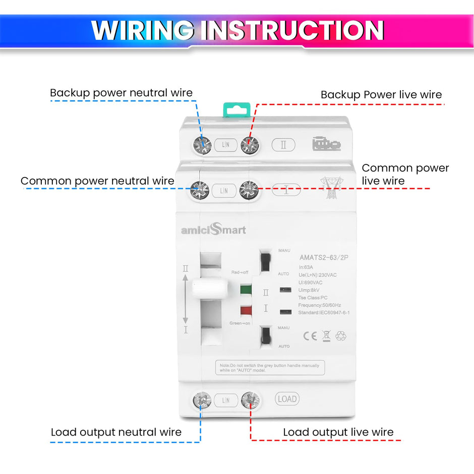 63A Dual Power Automatic Control Transfer Switch, 230VAC Single-Phase Changeover Switch