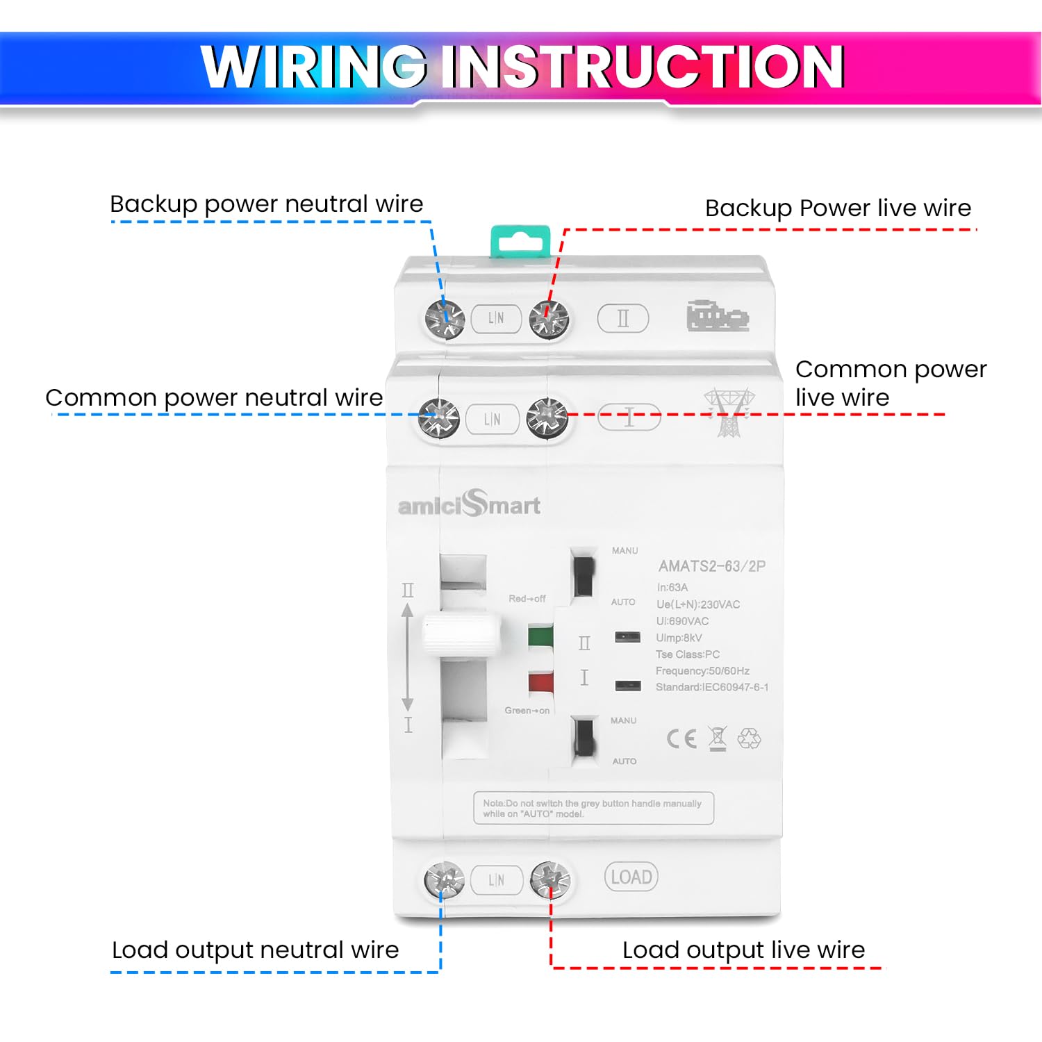 63A Dual Power Automatic Control Transfer Switch, 230VAC Single-Phase Changeover Switch