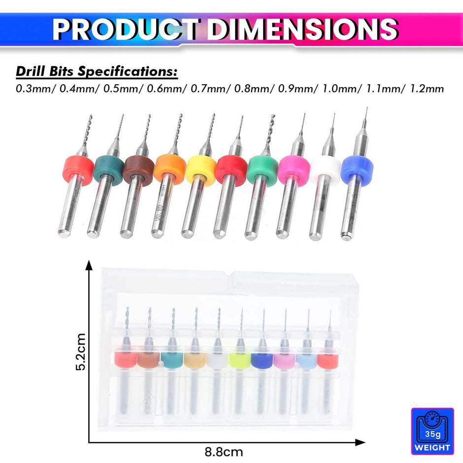 10pcs Precision PCB Drill Bits Set, Tungsten Steel Carbide (0.3mm-1.2mm) for CNC Machines