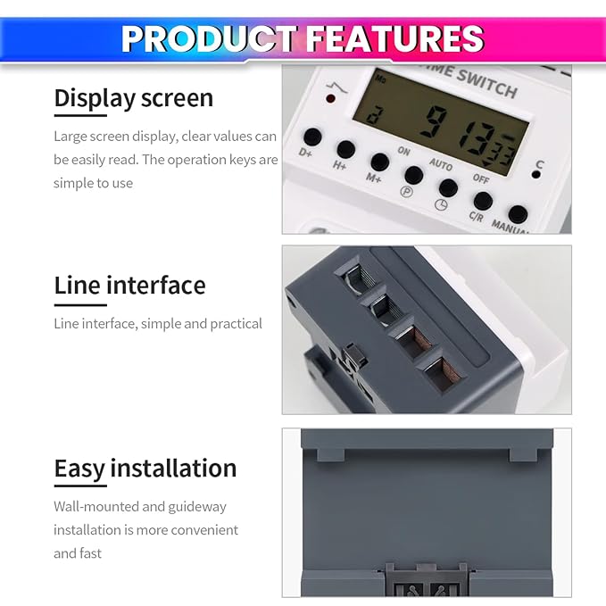 220V 60A Digital Programmable Timer Switch – 28 ON/OFF Settings, LCD Display, Battery Backup