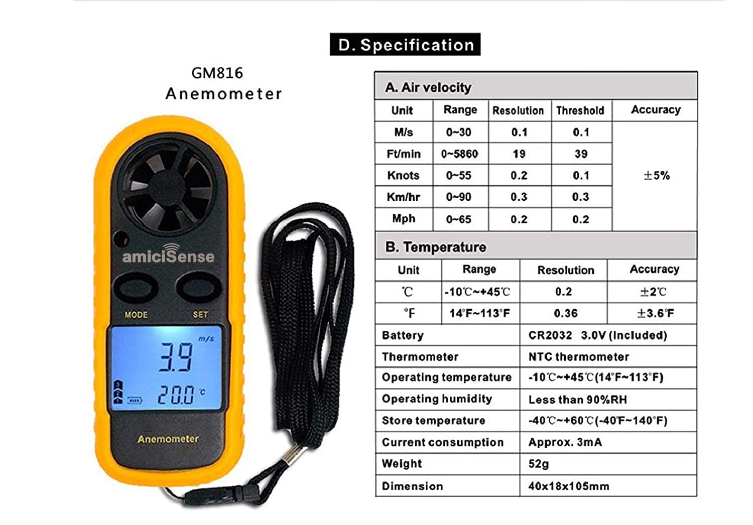 GM816 Pocket LCD Digital Anemometer Air Wind Speed Gauge with Temperature Measurement