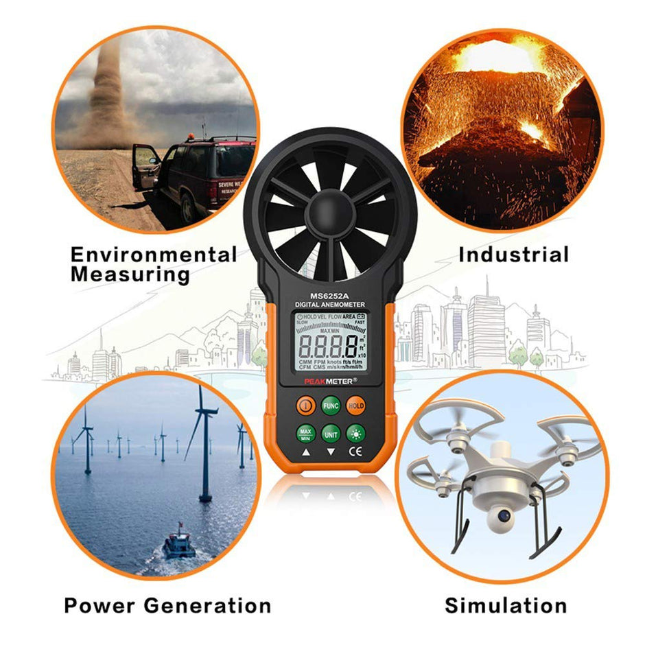 PEAKMETER PM6252A Digital Anemometer, Handheld Wind Speed & Air Volume Meter with LCD & Backlight