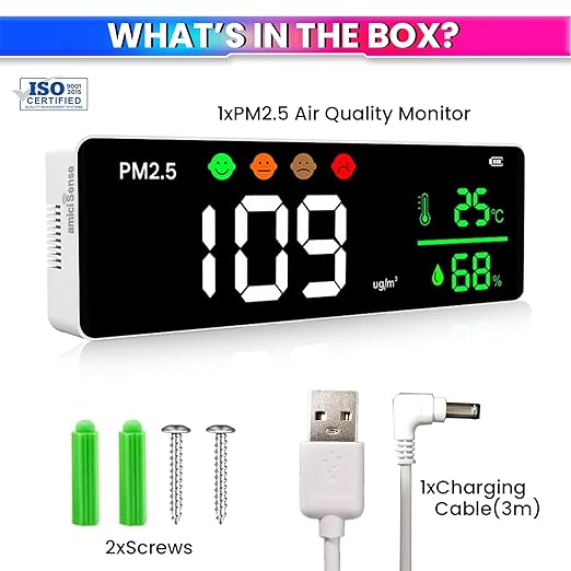 3-in-1 PM2.5 Air Quality Monitor – Indoor Sensor with Temp & Humidity, Visual Air Feedback