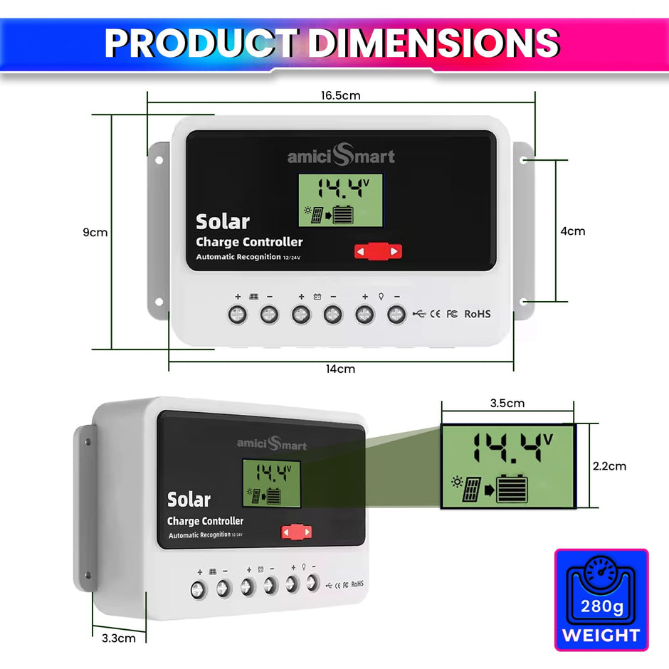 10A Solar Charge Controller Intelligent Battery Regulator for Lead Acid & Lithium Battery with 3A USB Port