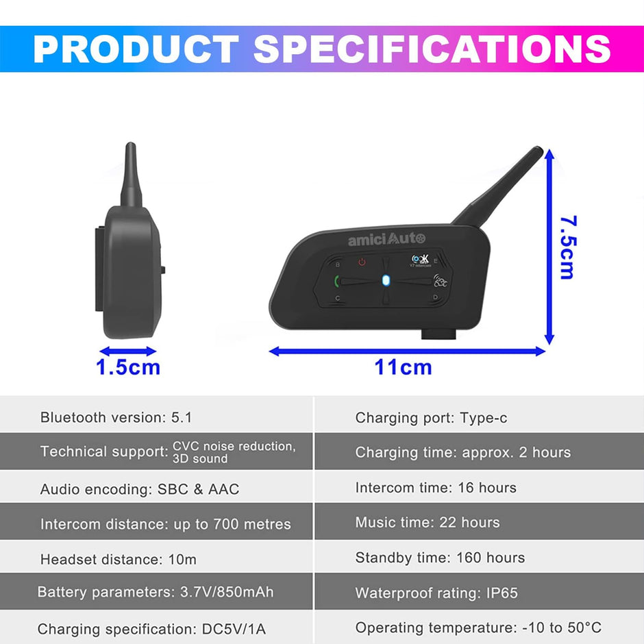 Ejeas V7 Bluetooth Motorcycle Helmet Intercom with Noise Reduction and Voice Assistant amiciKart