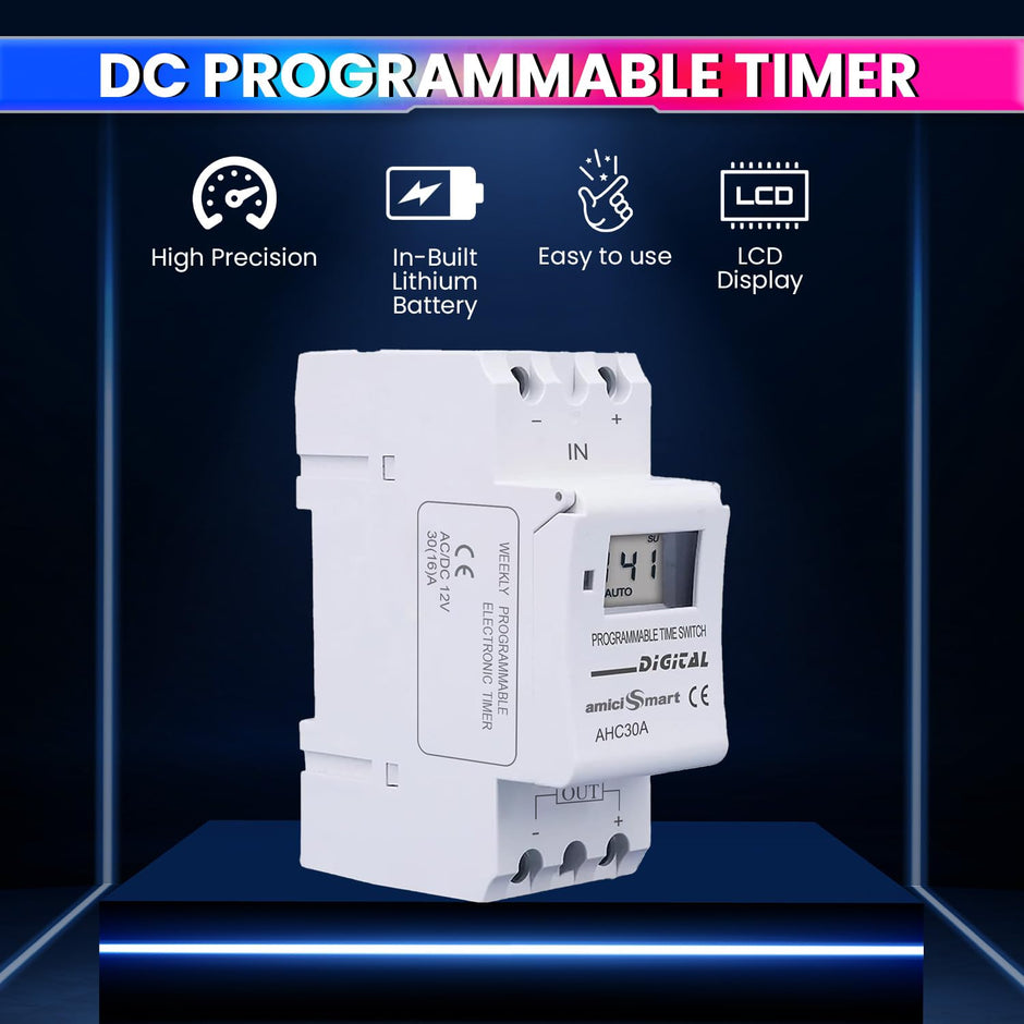 amiciSmart Digital Programmable Timer Switch Relay in-Built 7 Days Schedule, DIN Rail Mounted 30A, DC 12V