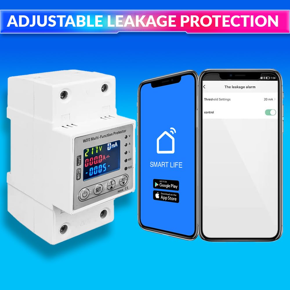 Wi-Fi Smart Energy Meter Over/Under Voltage, Overload & Leakage Protection with Real-Time Monitoring Din Rail Mount amiciKart