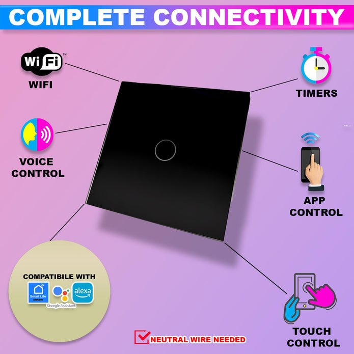 WiFi Touch Switch – 4 Gang, 230V/10A, Alexa/Google Compatible, Interlocking, SmartLife App