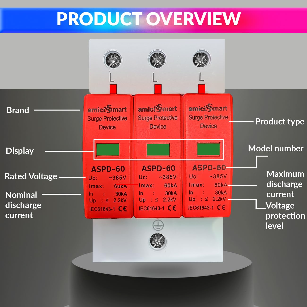 amiciSmart AC Surge Protector, 385V 30KA~60KA SPD Lightning Protection Device