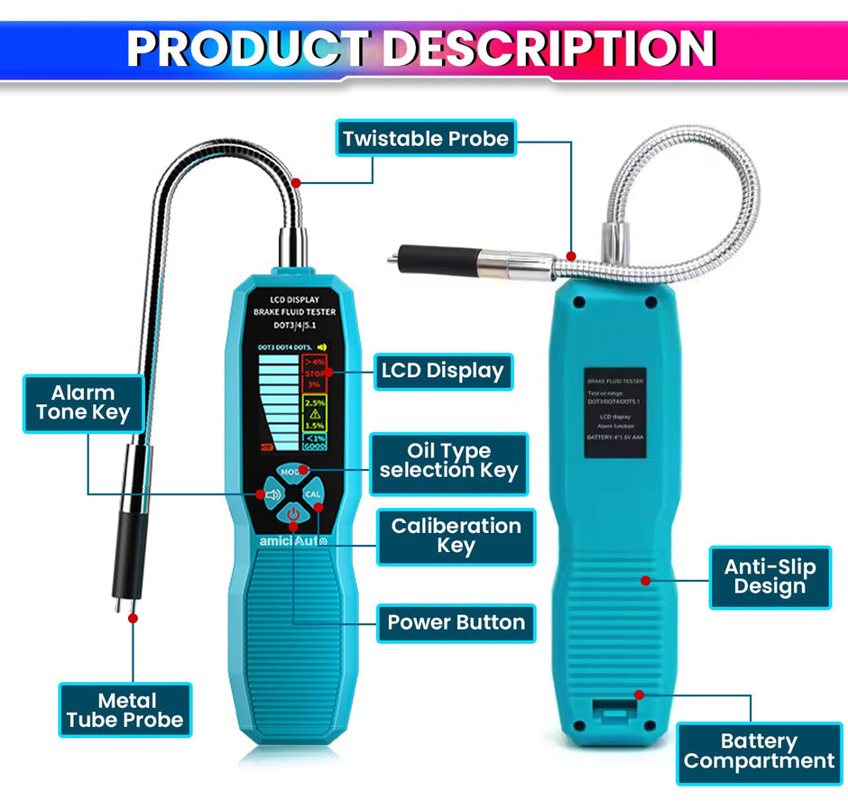 amiciAuto Brake Fluid Tester, Brake Diagnostic Tool Oil Moisture Analyzer for DOT3/DOT4/DOT5.1 Type Brake Fluid with Alarm Function and 4 AAA Battery