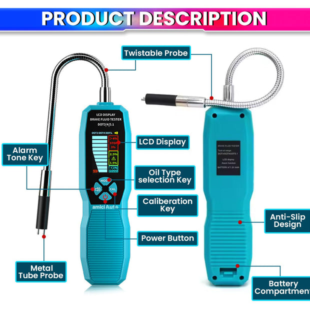 amiciAuto Brake Fluid Tester, Brake Diagnostic Tool Oil Moisture Analyzer for DOT3/DOT4/DOT5.1 Type Brake Fluid with Alarm Function and 4 AAA Battery