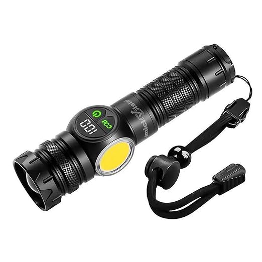 Tactical Flashlight with COB, Digital Display, Magnetic Tail, Rechargeable Power Bank, 9 Light Modes