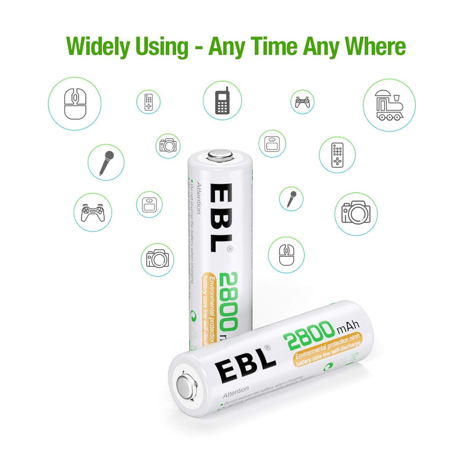 EBL 2800mAh AA Rechargeable Batteries – High Capacity Ni-MH Batteries, Pack of 4