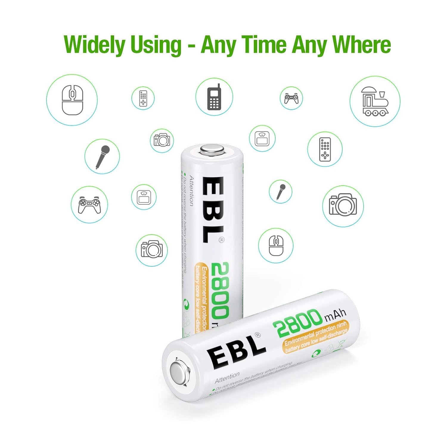 EBL 2800mAh AA Rechargeable Batteries – High Capacity Ni-MH Batteries, Pack of 4