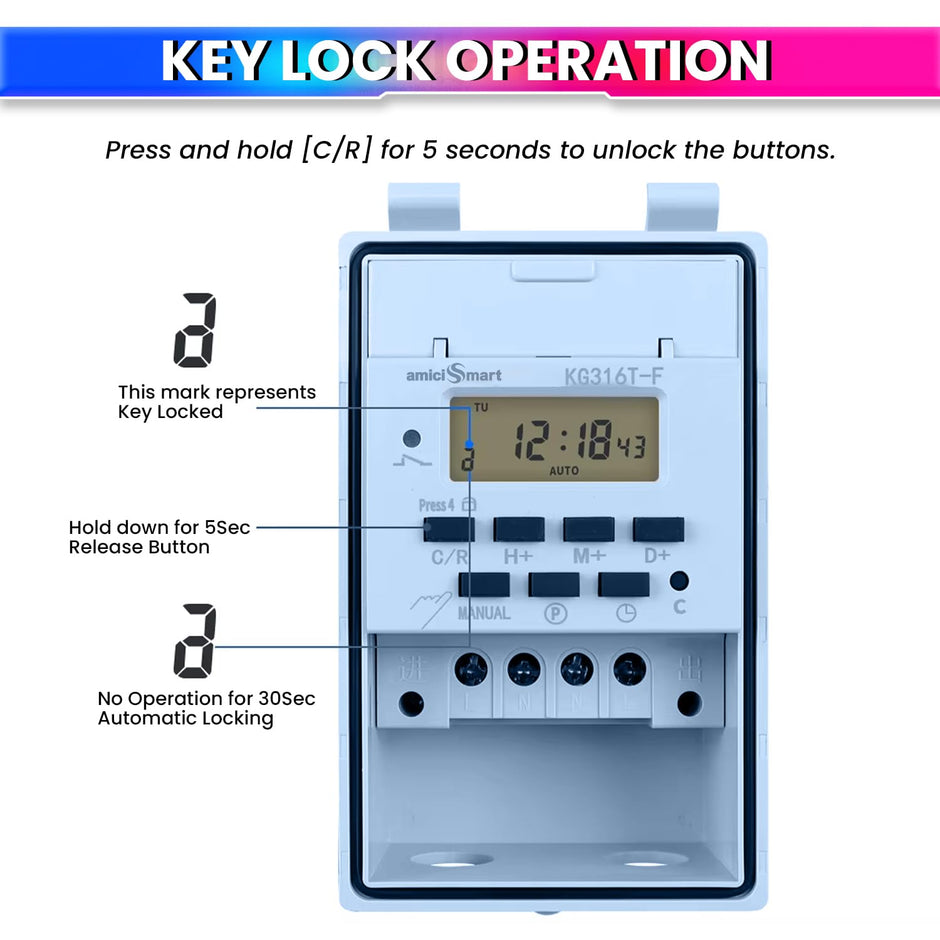 amiciSmart 230V 30A Digital Programmable Timer Switch with Loop Mode | IP65 Waterproof | 20 ON/Off Schedules | LCD Display | Auto Keyboard Lock |