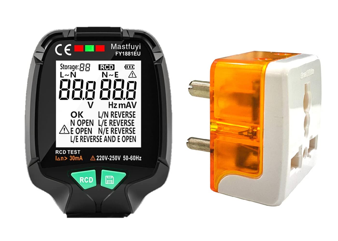 amiciSense Socket Tester 230VAC Voltage Detector & Circuit Analyzer with RCD Test, LCD Backlit Display