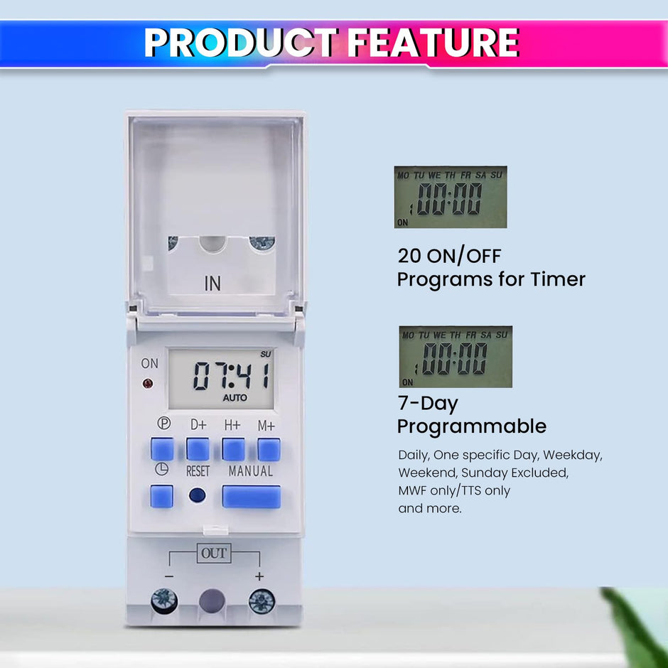 amiciSmart Digital Programmable Timer Switch Relay in-Built 7 Days Schedule, DIN Rail Mounted 30A, DC 12V