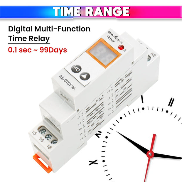 Multi-Function Timer Switch – On/Off Delay, Cycle Mode, 0.1s–99 Days, 20 Modes, AC/DC, 16A
