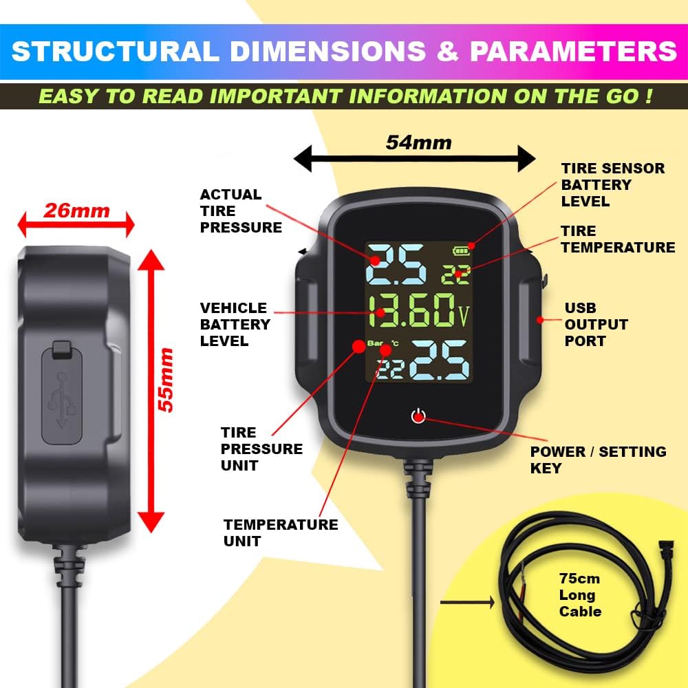 Bike TPMS, 3-in-1 Tyre Pressure Monitoring System with QC 3.0 Fast Charging & Battery Voltage Monitoring