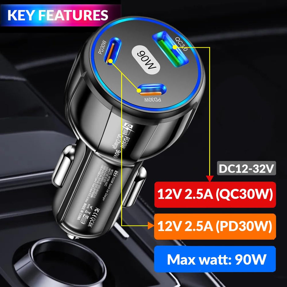amiciAuto 90W High-Power Car Charger with Triple USB Ports with PD3.0 & QC 3.0 Fast Charging Technology