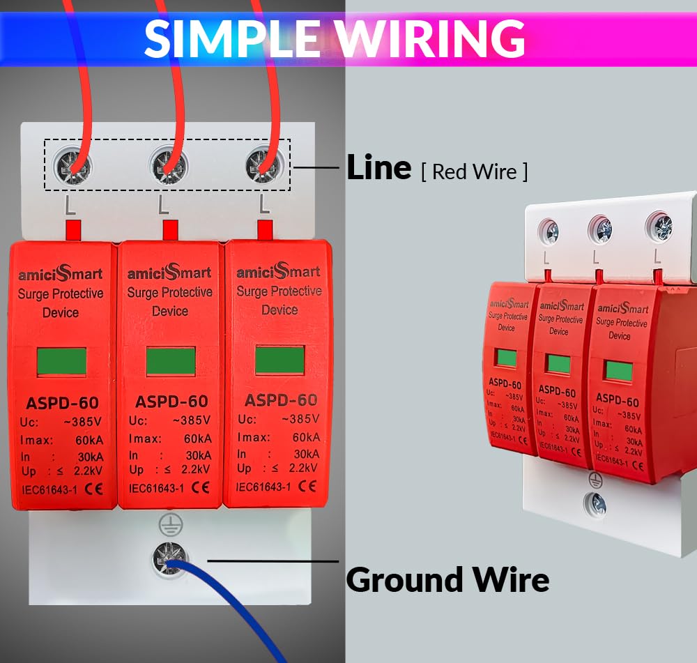amiciSmart AC Surge Protector, 385V 30KA~60KA SPD Lightning Protection Device