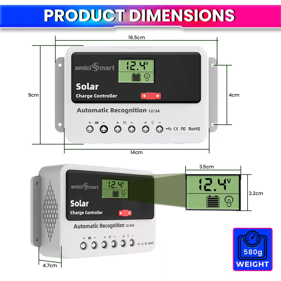Solar Charge Controller Intelligent Battery Regulator for Lead Acid & Lithium Battery with 3A USB Port
