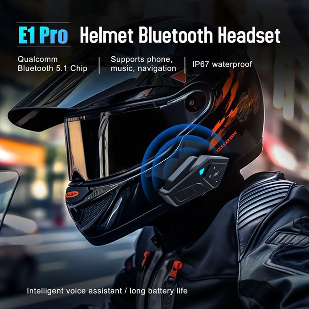 EJEAS E1 Motorhelm Bluetooth 5.1 Headset, met CVC Ruisonderdrukking Functie en 3D Geluidseffecten, Motorhelm Hoofdtelefoon Luidspreker Kan 2 Mobiele Telefoons Aansluiten EJEAS E1 Motorhelm Bluetooth 5.1 Headset, met CVC Ruisonderdrukking Functie en 3D Geluidseffecten, Motorhelm Hoofdtelefoon Luidspreker Kan 2 Mobiele Telefoons Aansluiten