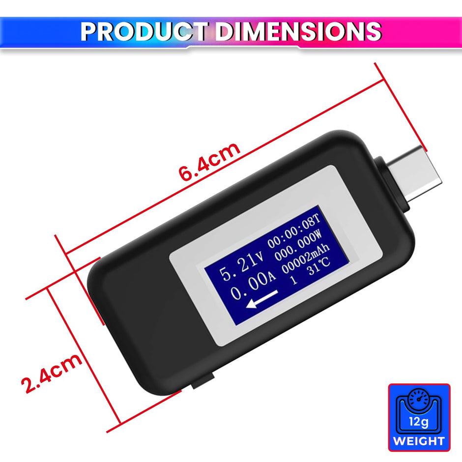 6-in-1 Digital USB Type-C Tester | Real-Time Display of Voltage, Current, Power, Capacity (mAh)