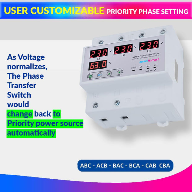 Intelligent 3 Phase to 1 Phase Changeover Switch, 230VAC Control Transfer Switch