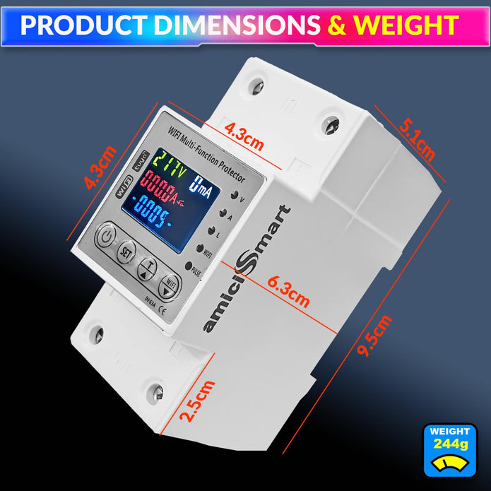Wi-Fi Smart Energy Meter Over/Under Voltage, Overload & Leakage Protection with Real-Time Monitoring Din Rail Mount