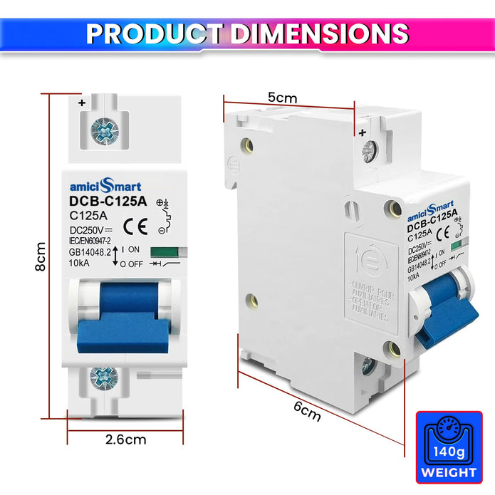 Overloads and Short Circuit Protection 125A DC Circuit Breaker 250V DIN Rail Mount, Solar & Battery Protection