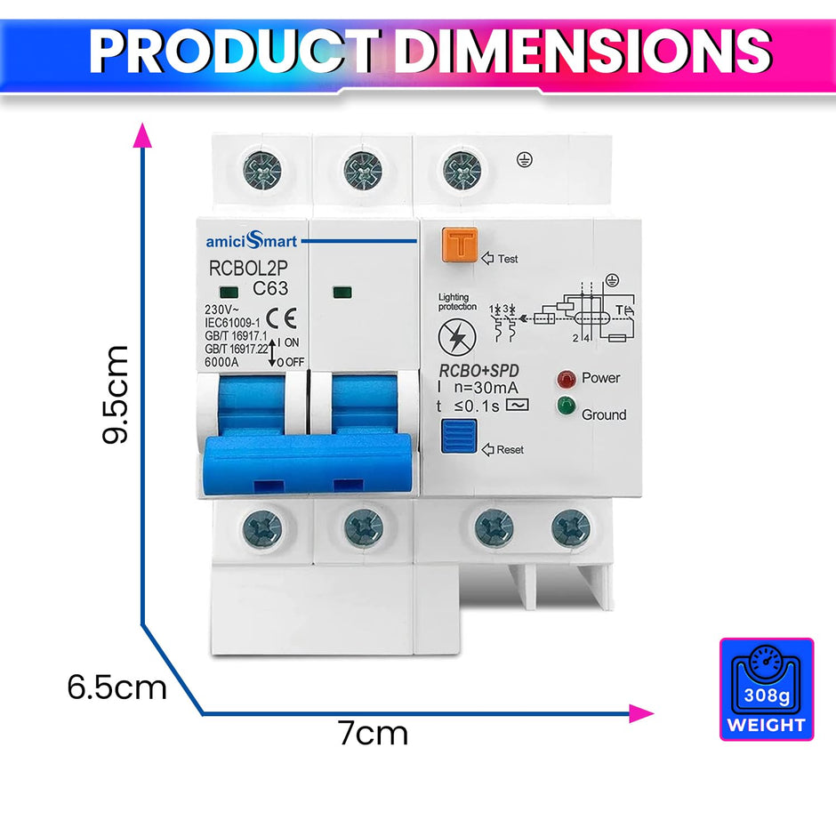 amiciSmart 63A Single Phase Circuit Breaker with Leakage/Lightning Protection and Din Rail Mount, 220VAC