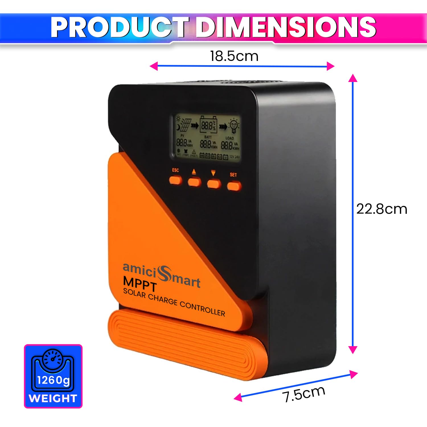 60A True MPPT Solar Charge Controller Lithium Battery Regulator with 5V/3A USB Port & LCD Display for Monitoring