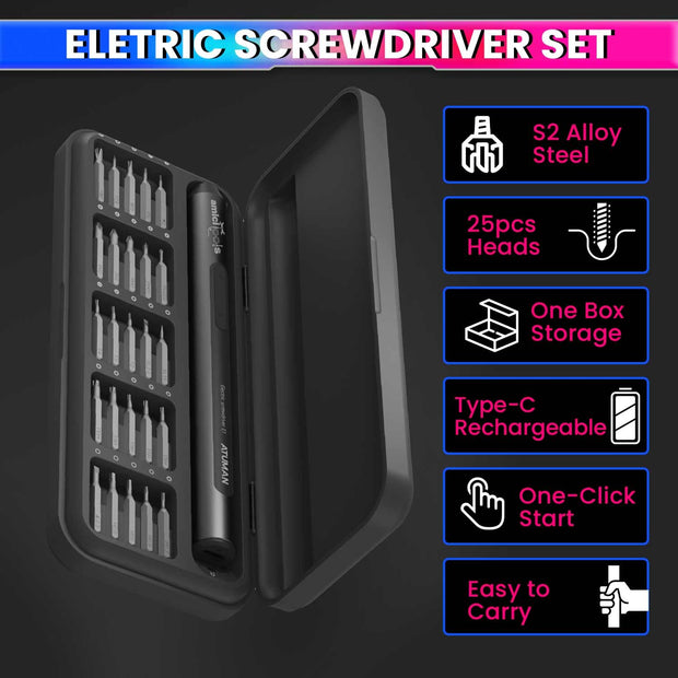 25-in-1 Magnetic Electric Screwdriver Set - Type-C Rechargeable, 210 RPM Repair Tool Kit