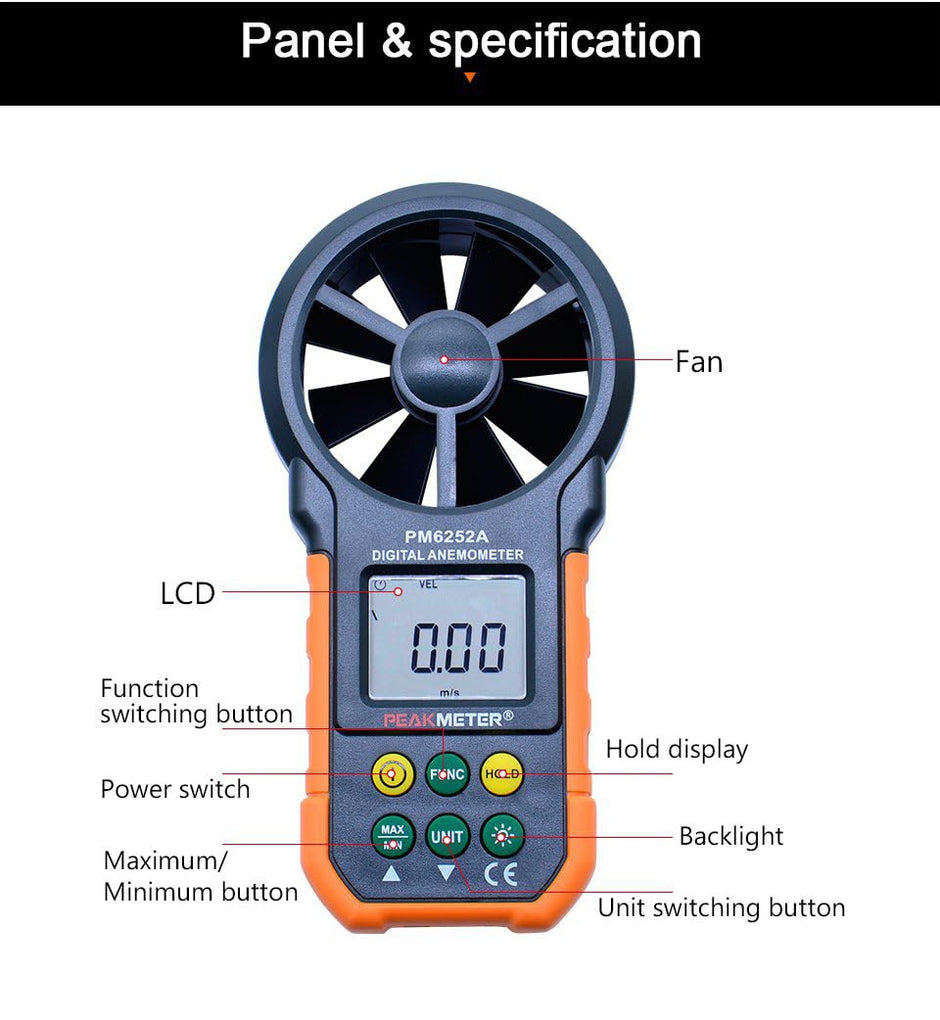 PEAKMETER PM6252A Digital Anemometer, Handheld Wind Speed & Air Volume Meter with LCD & Backlight