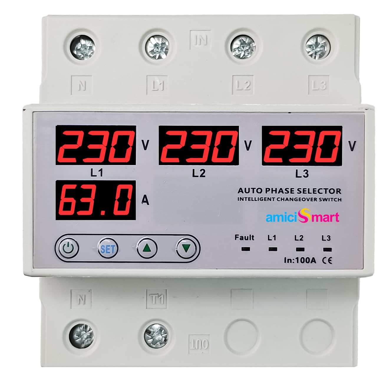 Intelligent 3 Phase to 1 Phase Auto Changeover Switch with Voltage & Overload Protection with Real-Time Display (230VAC)
