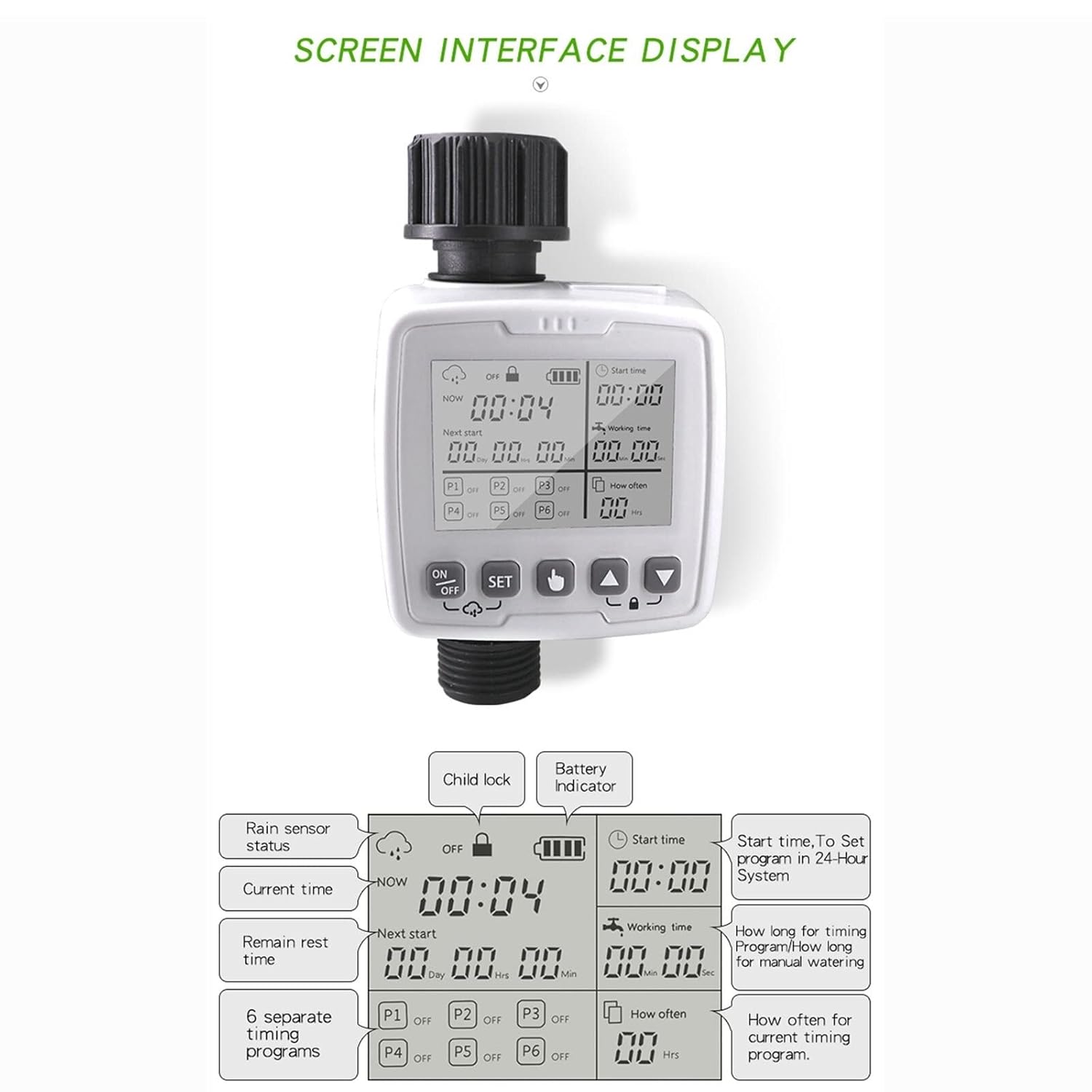 Automatic Irrigation Timer with Rain Sensor, 6 Programs, Child Lock & Battery Operated