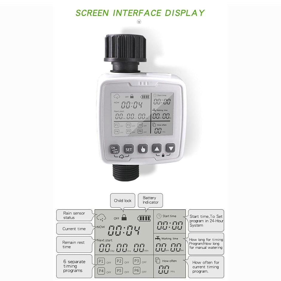 Automatic Irrigation Timer with Rain Sensor, 6 Programs, Child Lock & Battery Operated