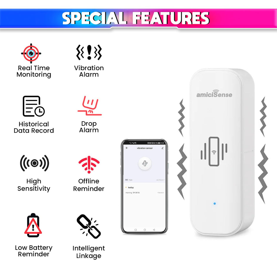 WiFi Vibration Sensor – Real-Time Notification Alerts, Adjustable Sensitivity, SmartLife App Support