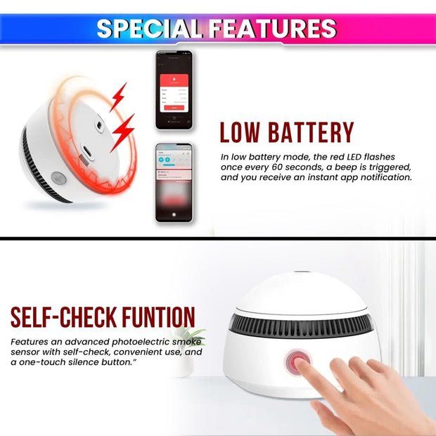 Wi-Fi Smoke Detector & Fire Alarm Sensor with Photoelectric Battery Operated Remote Monitoring Loud Alert (85dB)